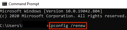 Screenshot: Windows Command Prompt with ipconfig / renew command