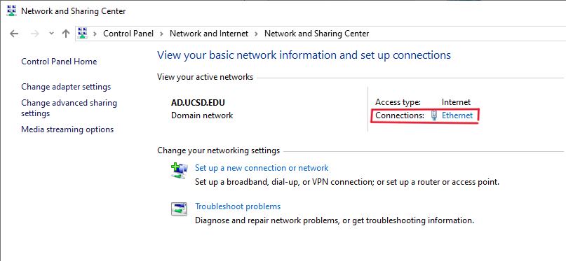 Network and Sharing tab with "Ethernet" connection outlined with a red box