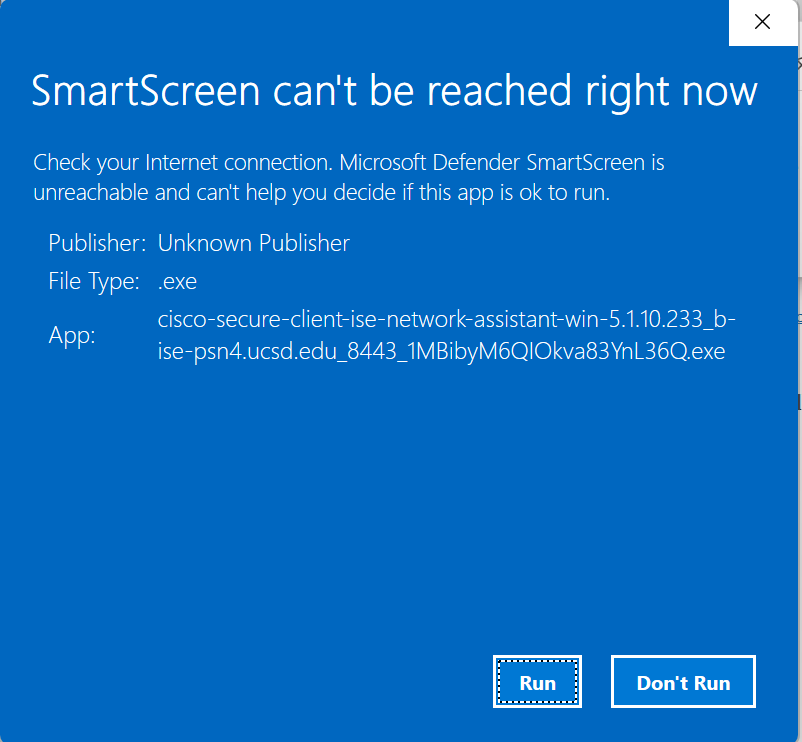 Screenshot of VPN Smartscreen error message indicating SmartScreen can't be reached right now with the button "Run" boxed with a dotted line