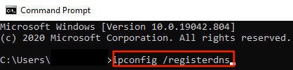 Screenshot: Windows command prompt with ipconfig / registerdns command