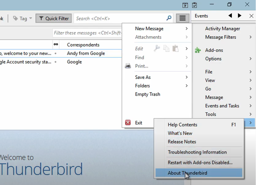 Screenshot: Menu to Help to About Thunderbird