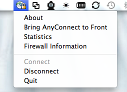 Screenshot: AnyConnect icon located in the top right corner on the main Mac toolbar. Select AnyConnect icon to bring up dropdown menu. Quit option located at end of menu.