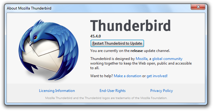 Screenshot: Click the box that says "Restart Thunderbird to Update"