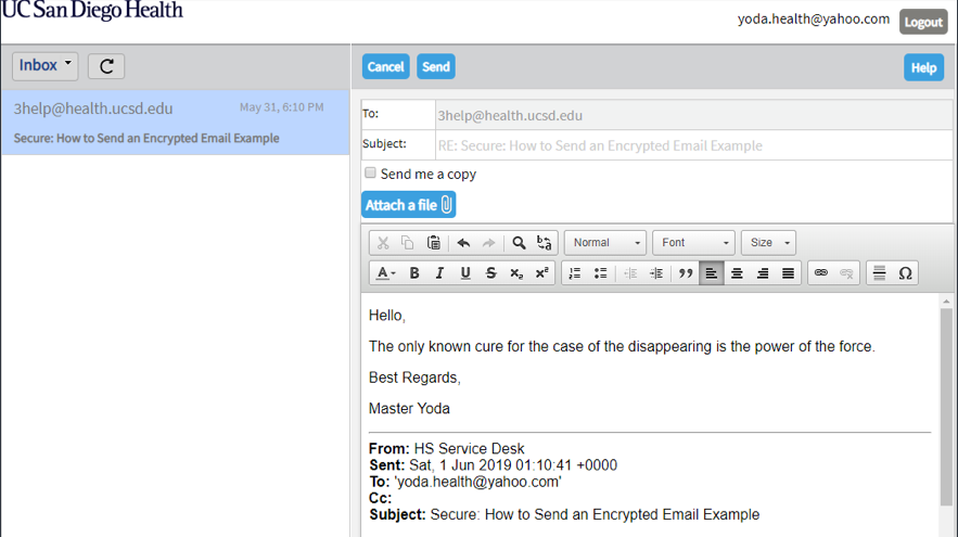 Screenshot: Sample reply to decrypted email