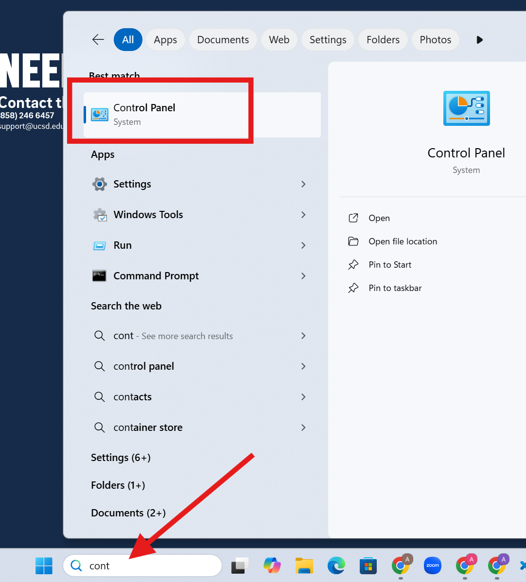 Red arrow pointing and the Windows Search bar and "Control Panel" is typed