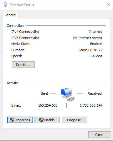 Ethernet Status box with Properties highlighted