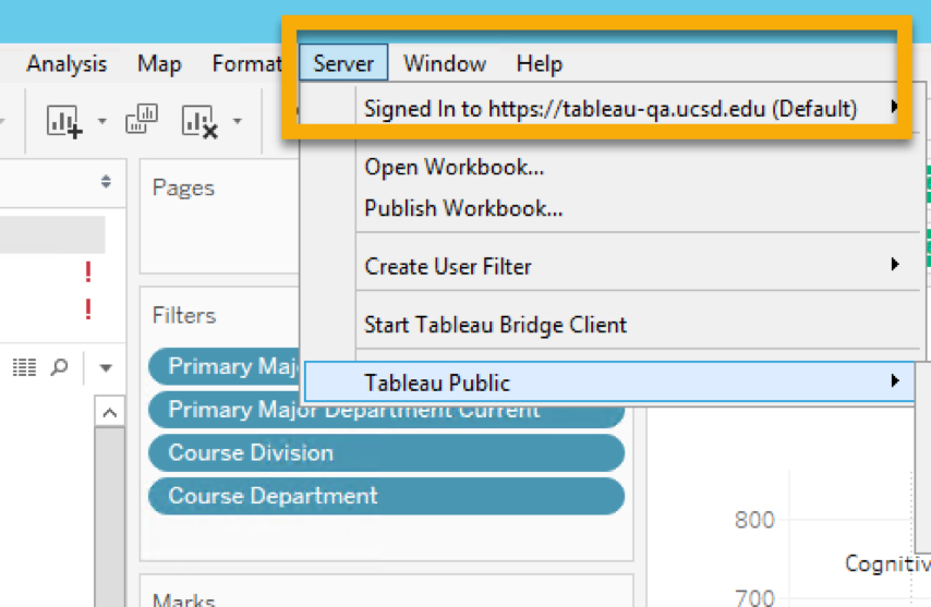 Screenshot: Server menu on top toolbar