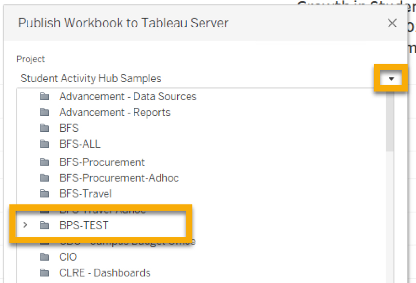 Screenshot: Drop down menu to select your project folder