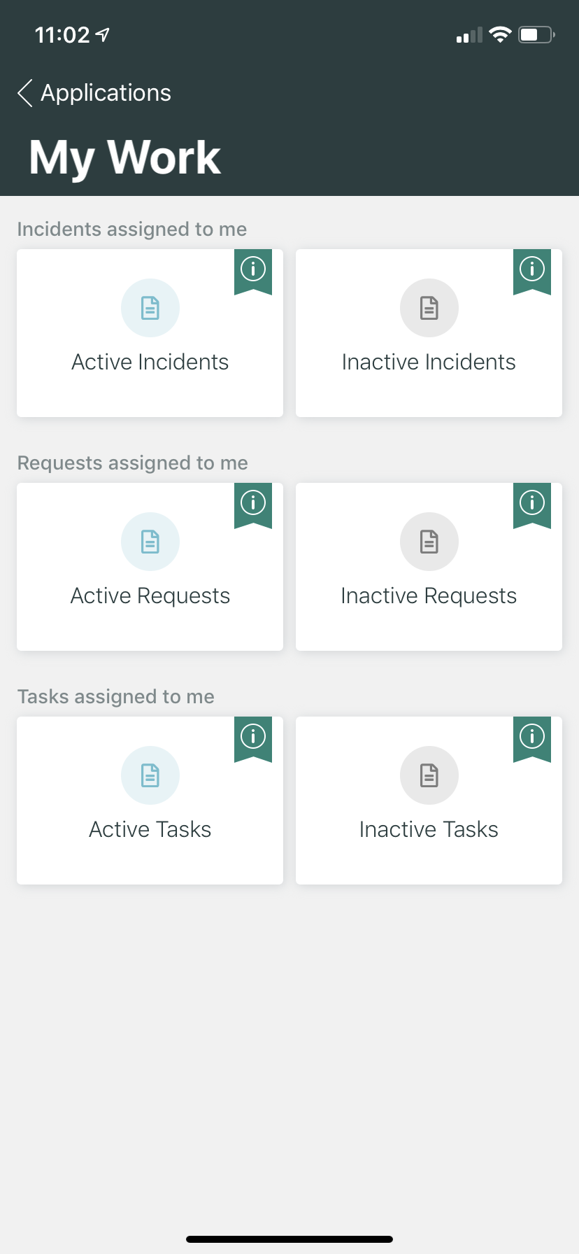 A view of the applications in the ServiceNow mobile app that includes incidents requests and tasks