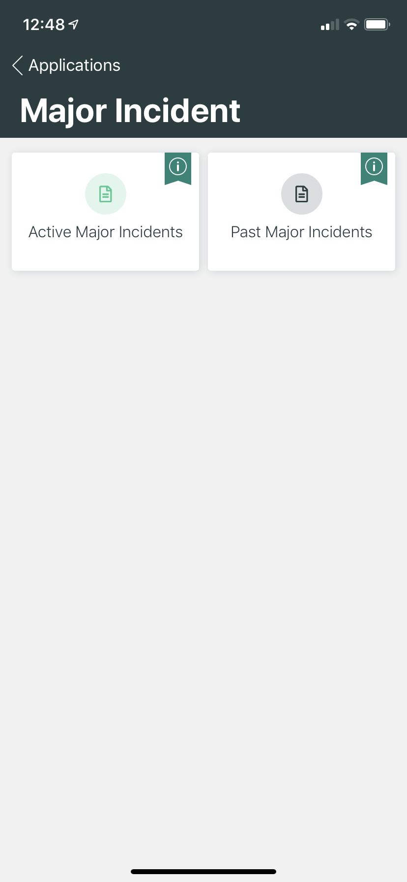A view of what the major incidents page looks like within the ServiceNow app