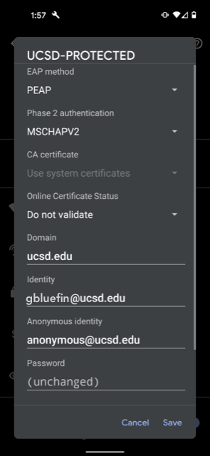 Screenshot:  Configuration screen for UCSD-Protected.  Displays settings described above.