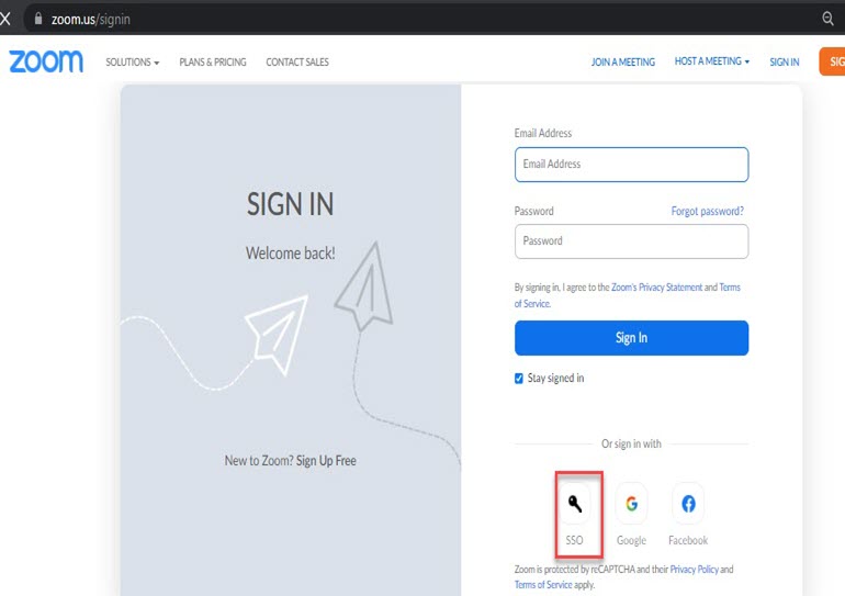 Screenshot: SSO button on zoom.us log in page